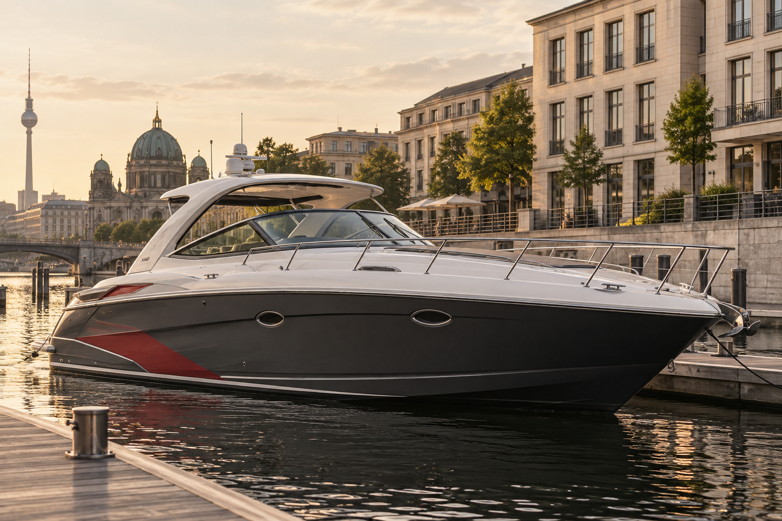 Sea-Ray-Sportcruiser mit markanter Folierung in Rot und Anthrazit vor warmem Berliner Hafenpanorama
